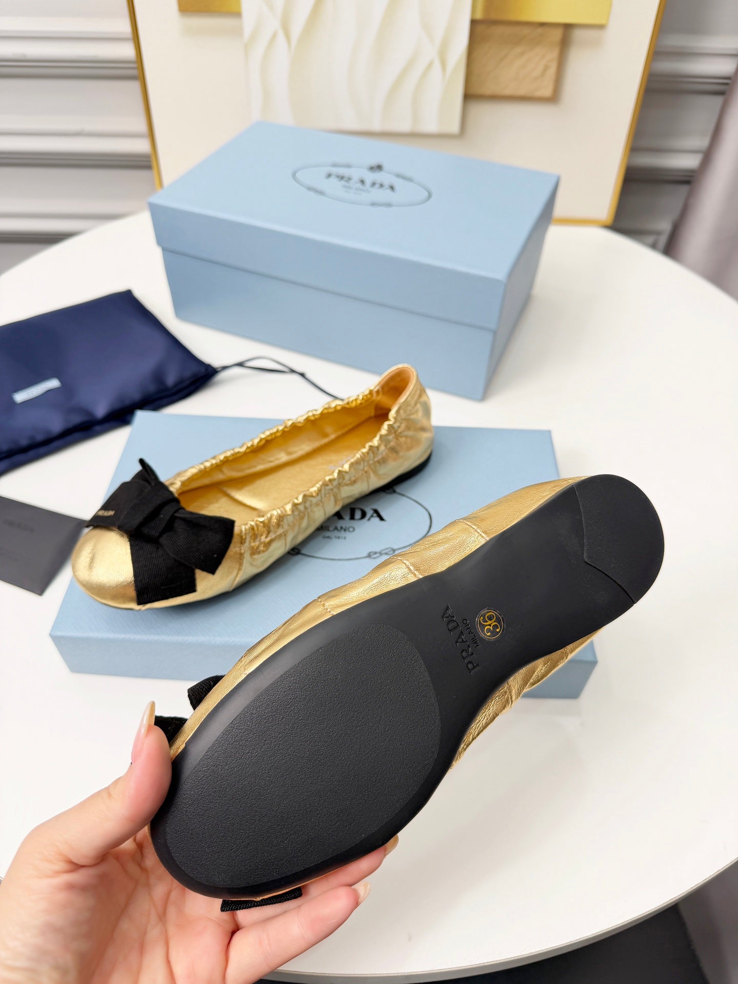 PRADA 26S BALLERINA FLATS IN GOLD CALFSKIN WITH BOW