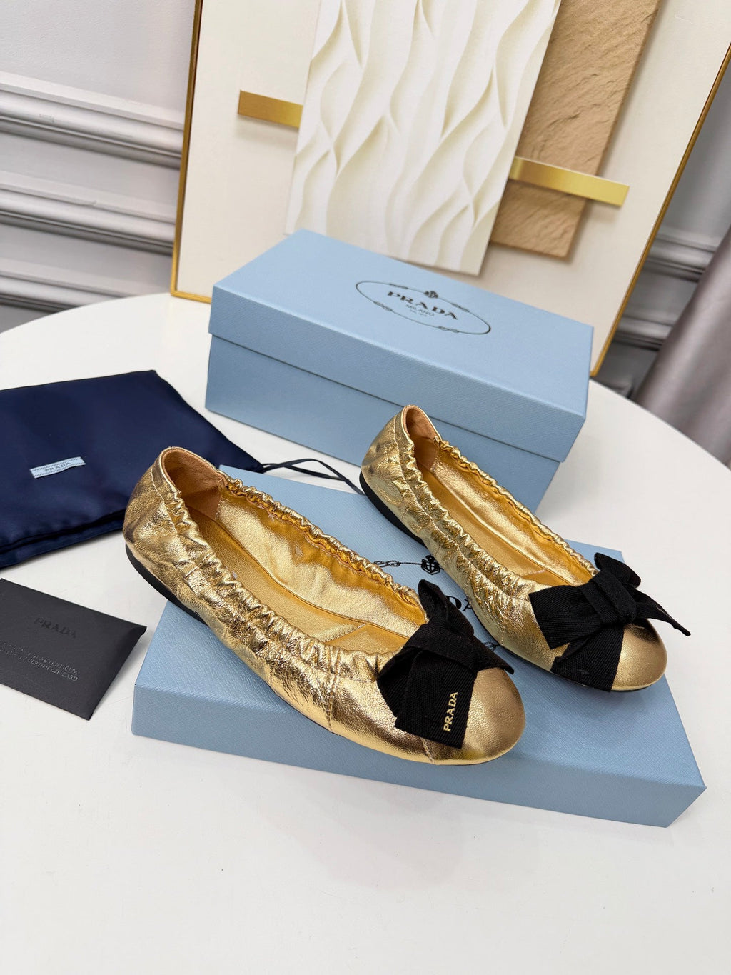 PRADA 26S BALLERINA FLATS IN GOLD CALFSKIN WITH BOW