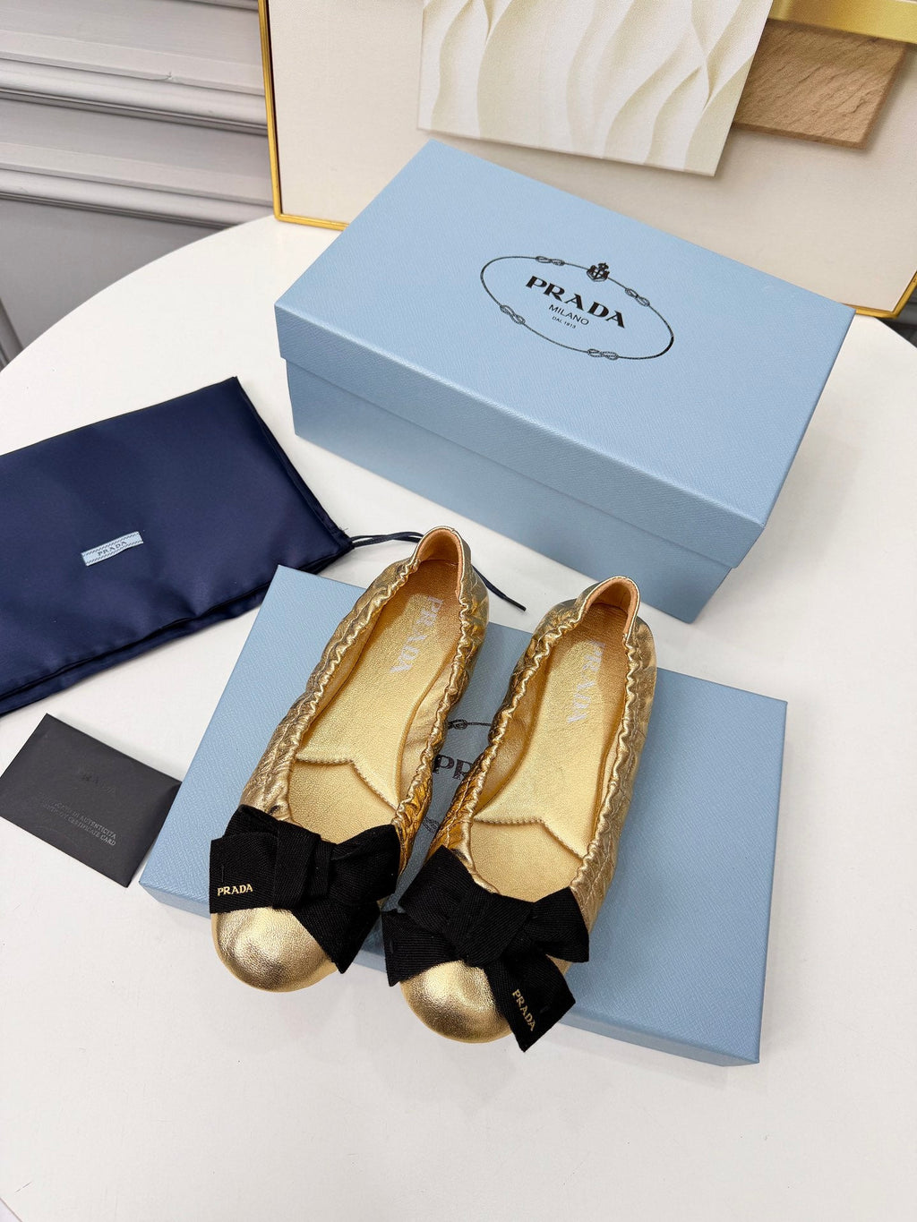 PRADA 26S BALLERINA FLATS IN GOLD CALFSKIN WITH BOW