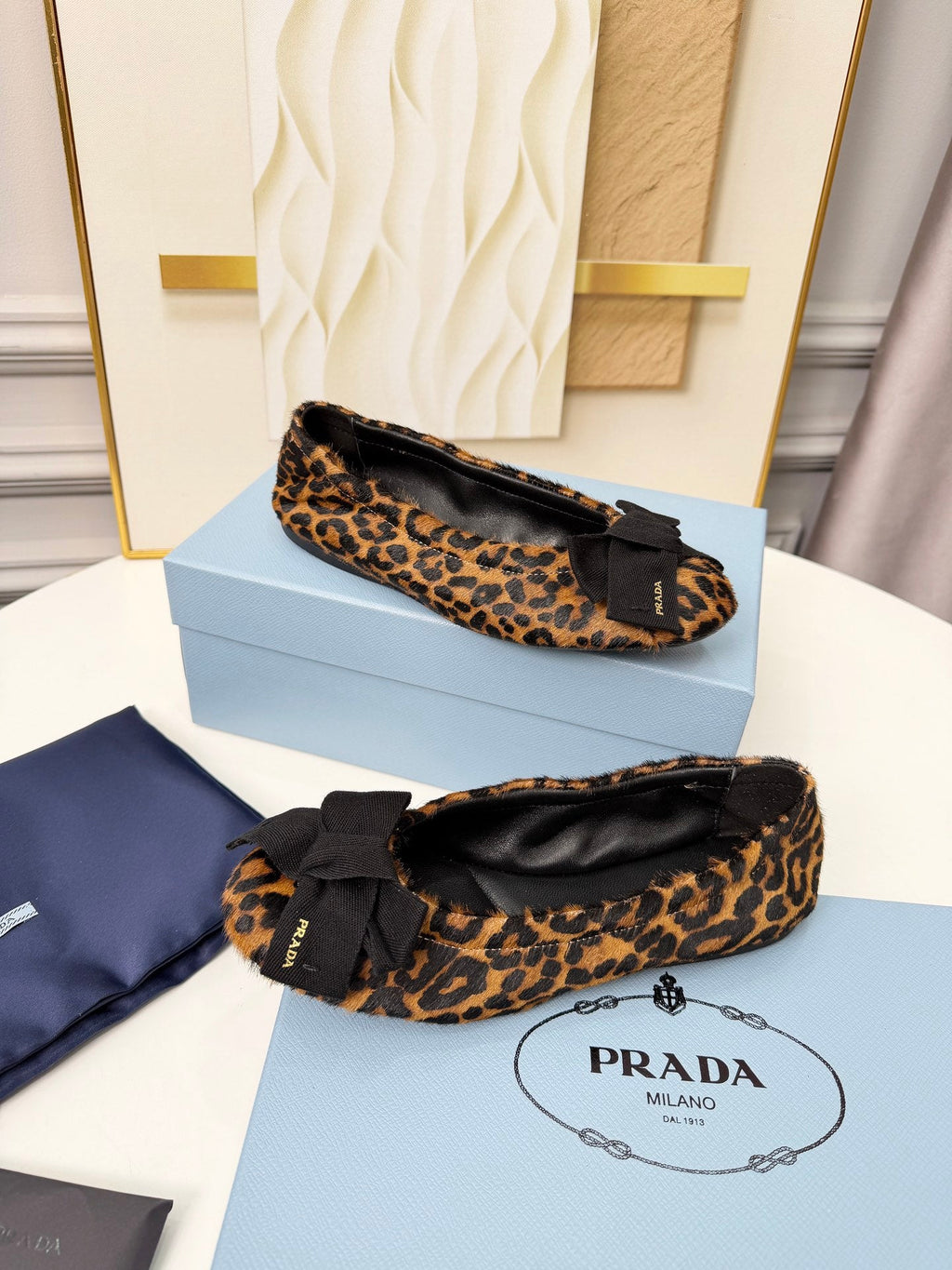 PRADA 26S BALLERINA FLATS IN BROWN LEOPARD PRINT PONY HAIR WITH BOW