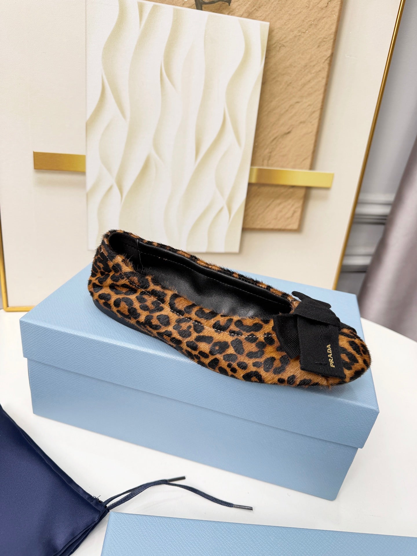 PRADA 26S BALLERINA FLATS IN BROWN LEOPARD PRINT PONY HAIR WITH BOW