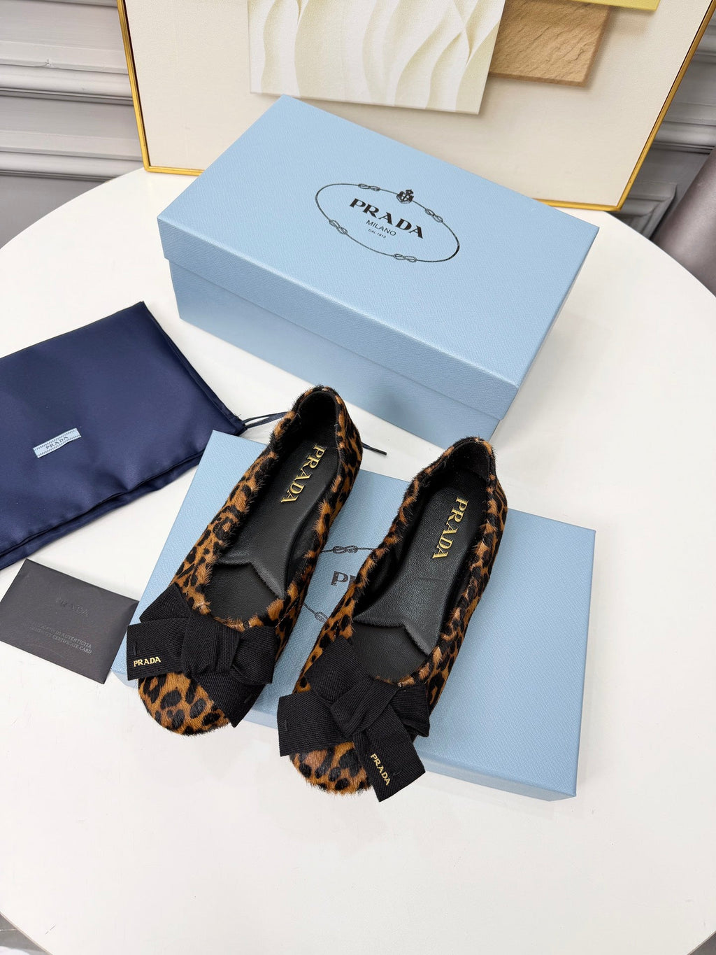 PRADA 26S BALLERINA FLATS IN BROWN LEOPARD PRINT PONY HAIR WITH BOW