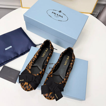 PRADA 26S BALLERINA FLATS IN BROWN LEOPARD PRINT PONY HAIR WITH BOW