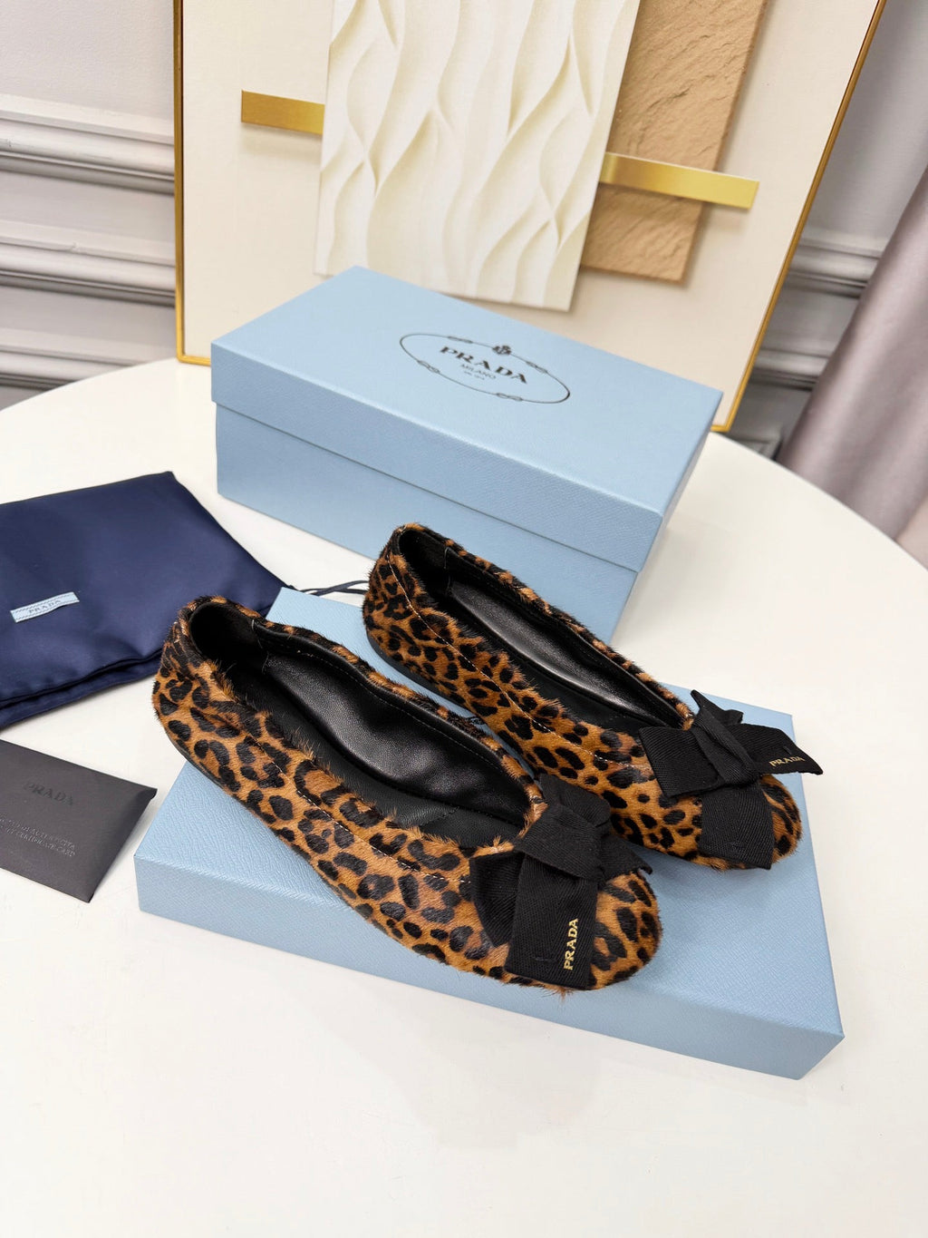 PRADA 26S BALLERINA FLATS IN BROWN LEOPARD PRINT PONY HAIR WITH BOW