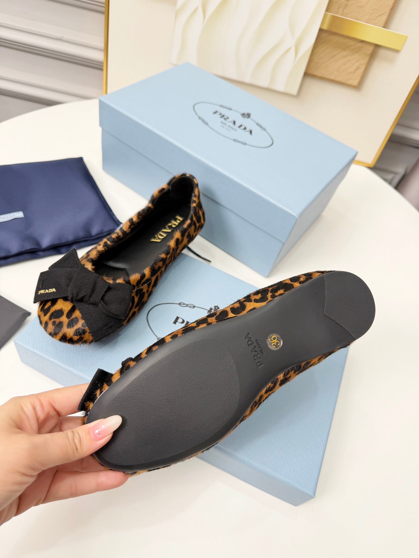 PRADA 26S BALLERINA FLATS IN BROWN LEOPARD PRINT PONY HAIR WITH BOW