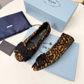 PRADA 26S BALLERINA FLATS IN BROWN LEOPARD PRINT PONY HAIR WITH BOW
