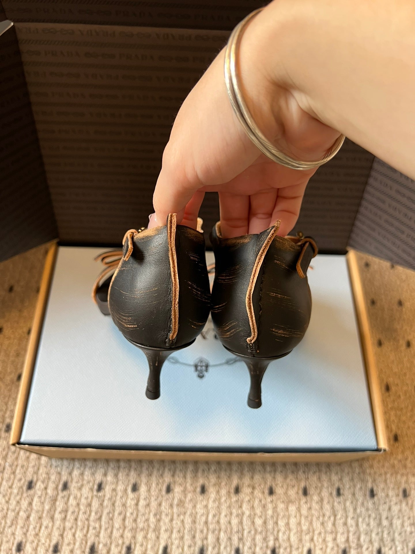 PRADA 26S POINTED-TOE STRAPPY HIGH-HEEL SANDALS 60MM IN DARK BROWN CALFSKIN