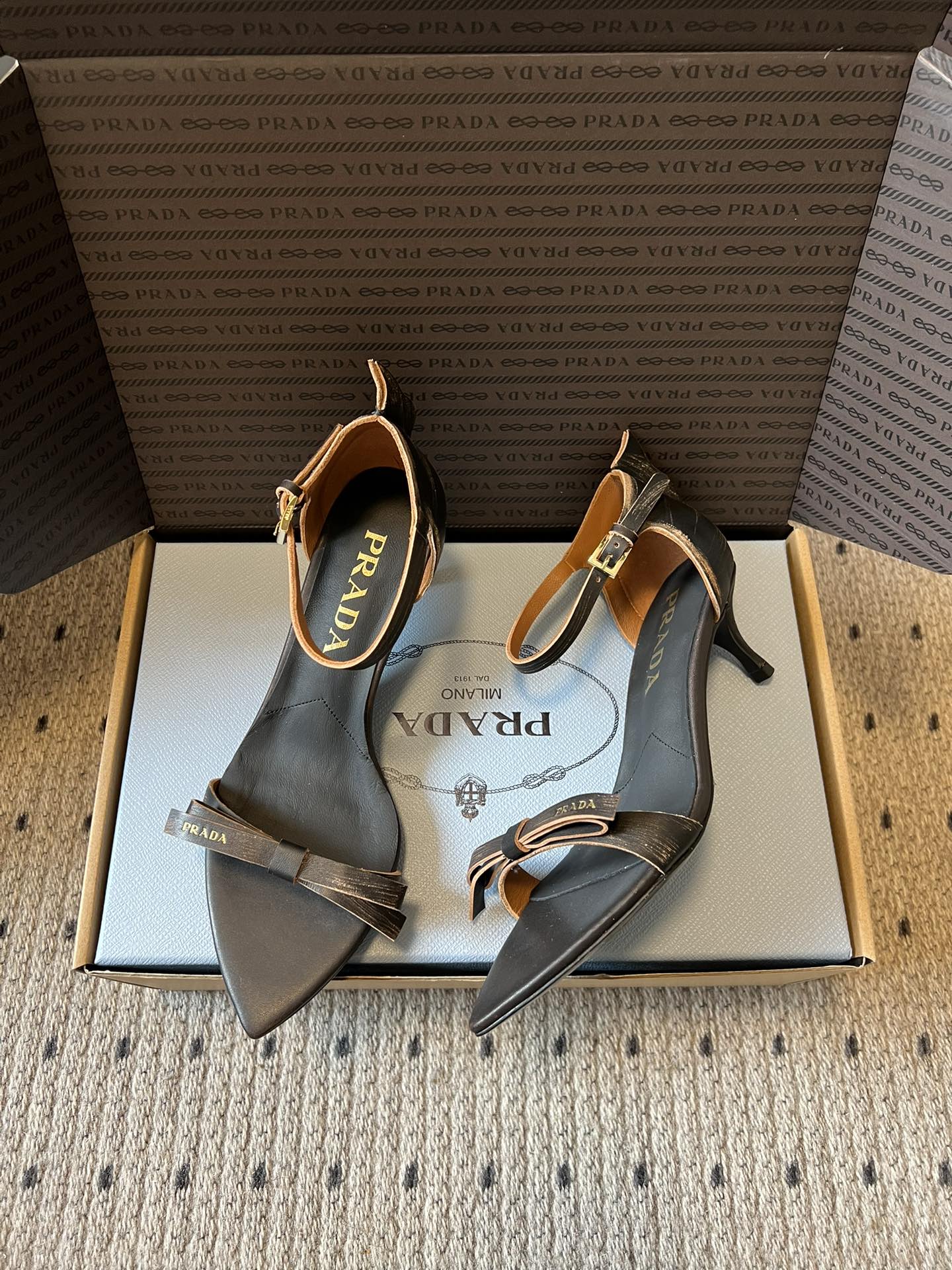 PRADA 26S POINTED-TOE STRAPPY HIGH-HEEL SANDALS 60MM IN DARK BROWN CALFSKIN