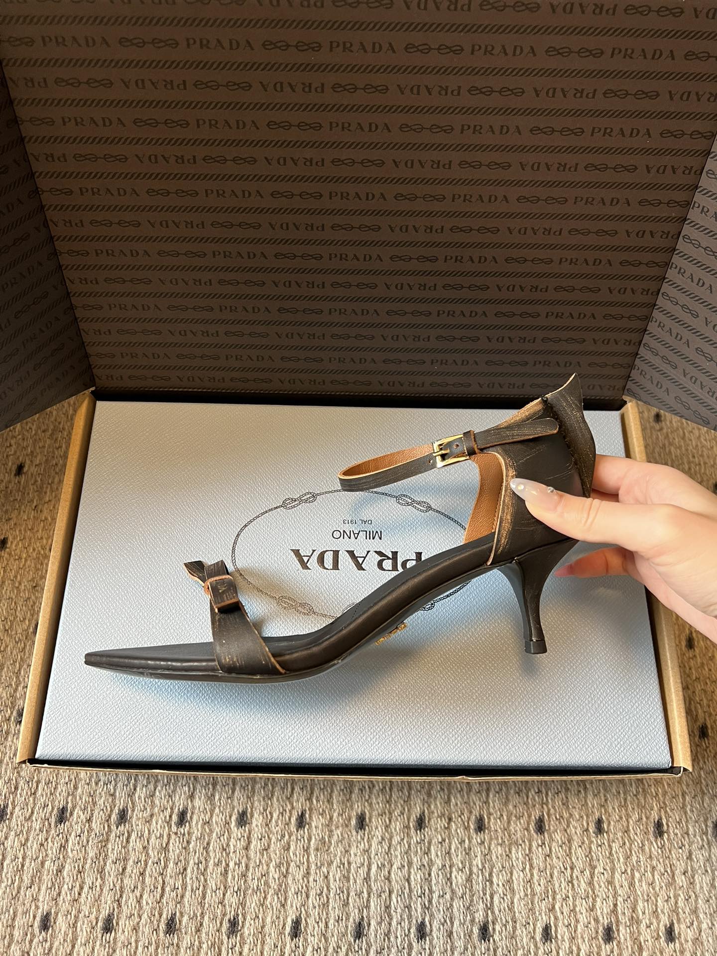 PRADA 26S POINTED-TOE STRAPPY HIGH-HEEL SANDALS 60MM IN DARK BROWN CALFSKIN