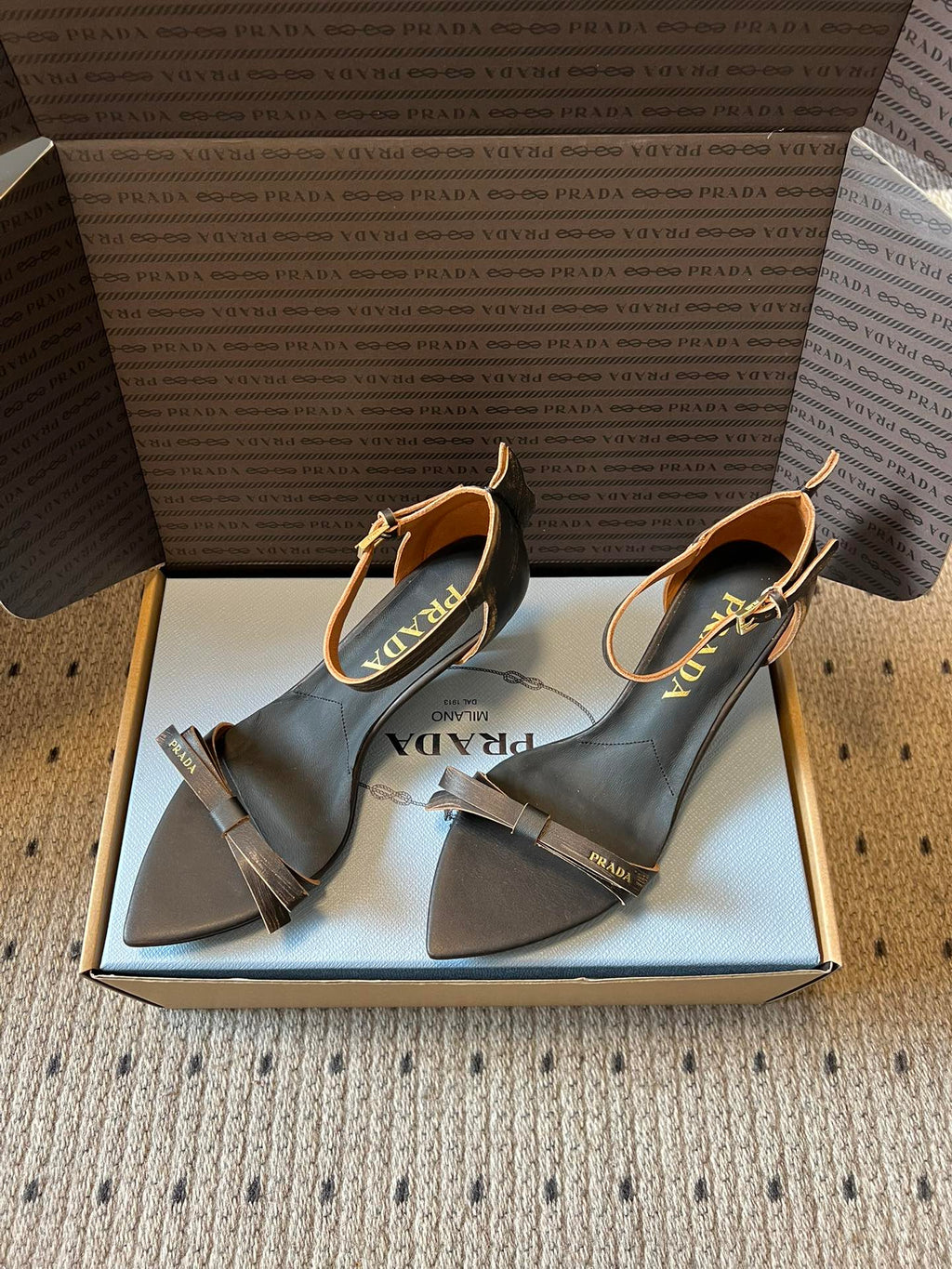 PRADA 26S POINTED-TOE STRAPPY HIGH-HEEL SANDALS 60MM IN DARK BROWN CALFSKIN