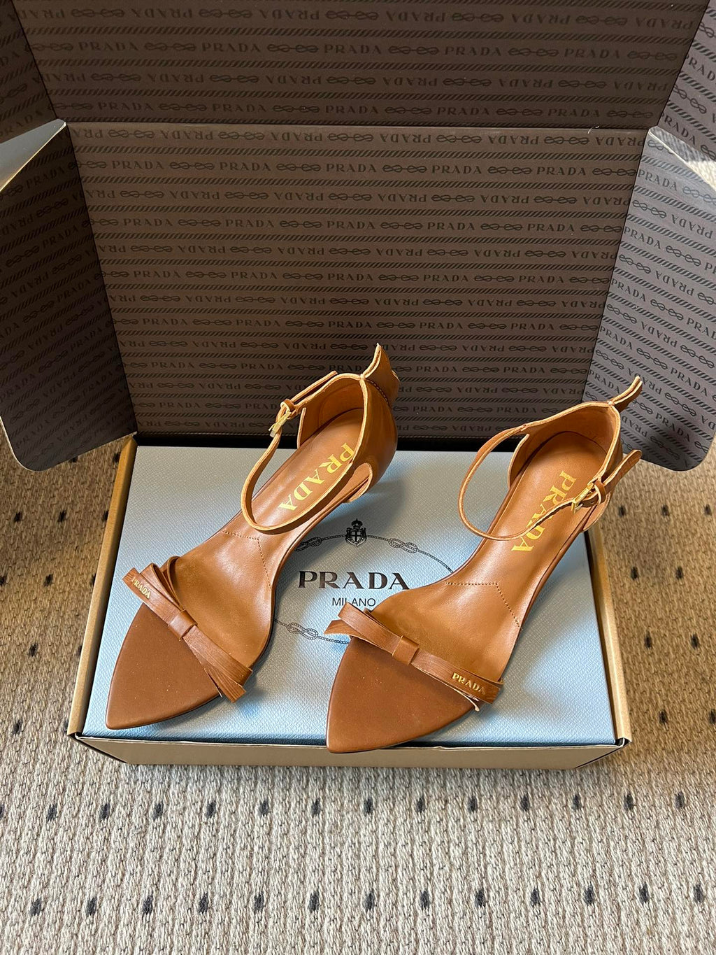 PRADA 26S POINTED-TOE STRAPPY HIGH-HEEL SANDALS 60MM IN CARAMEL BROWN CALFSKIN