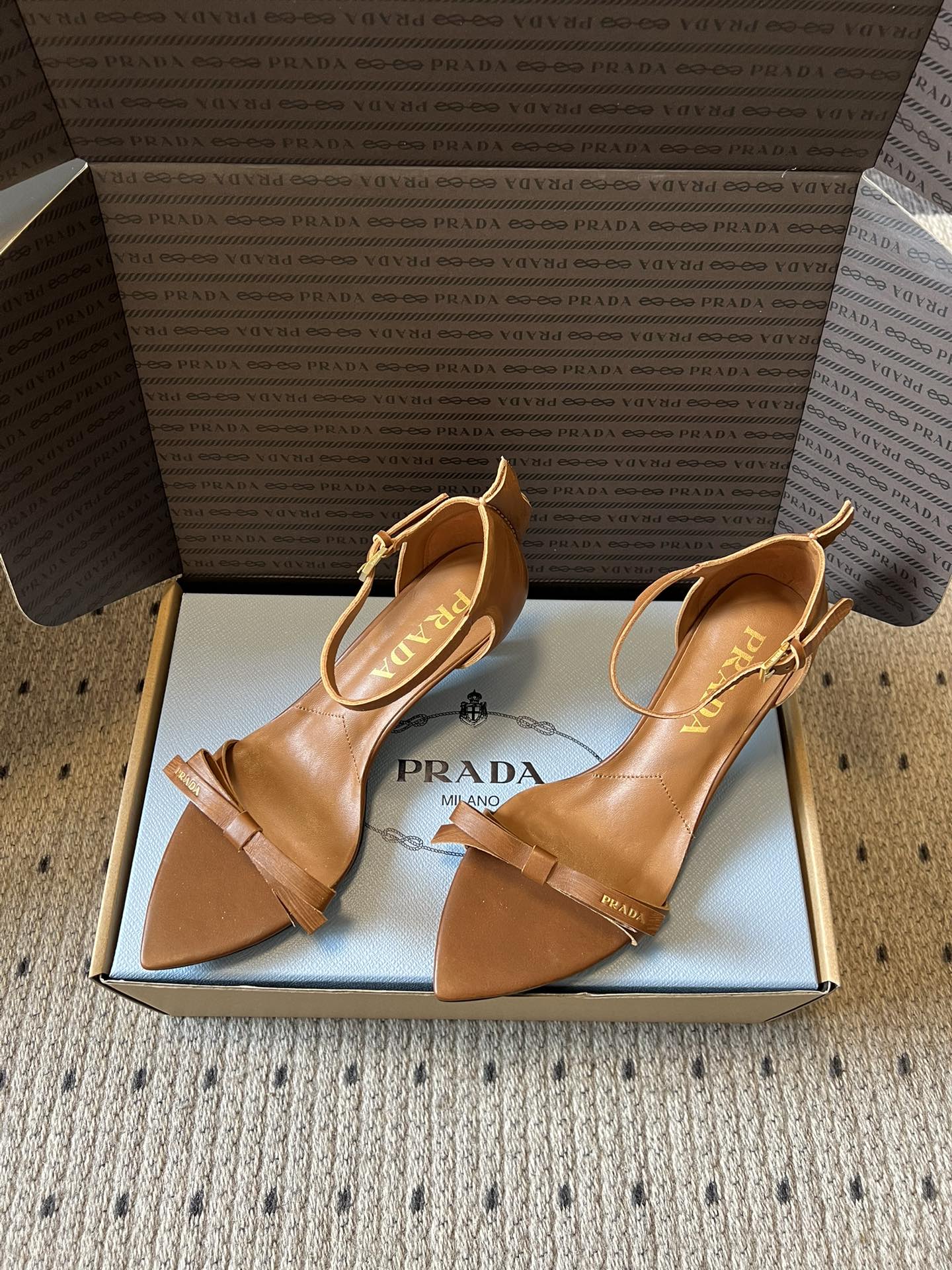 PRADA 26S POINTED-TOE STRAPPY HIGH-HEEL SANDALS 60MM IN CARAMEL BROWN CALFSKIN