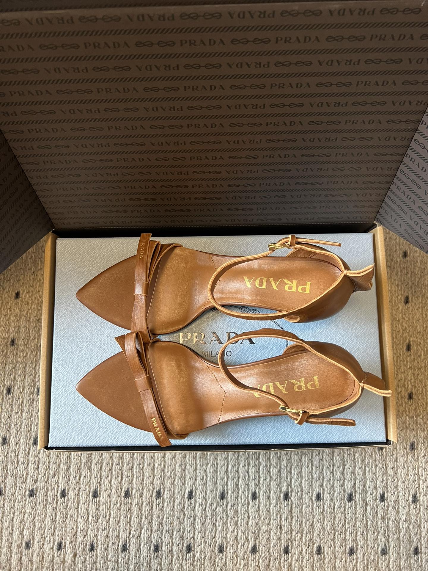 PRADA 26S POINTED-TOE STRAPPY HIGH-HEEL SANDALS 60MM IN CARAMEL BROWN CALFSKIN