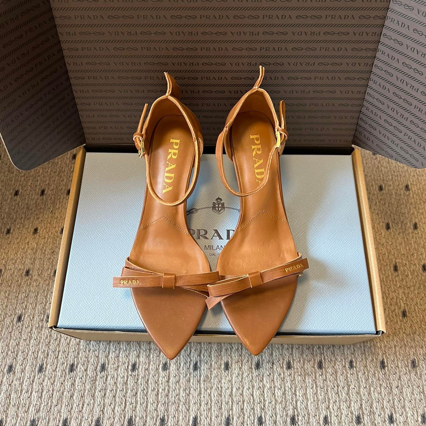 PRADA 26S POINTED-TOE STRAPPY HIGH-HEEL SANDALS 60MM IN CARAMEL BROWN CALFSKIN