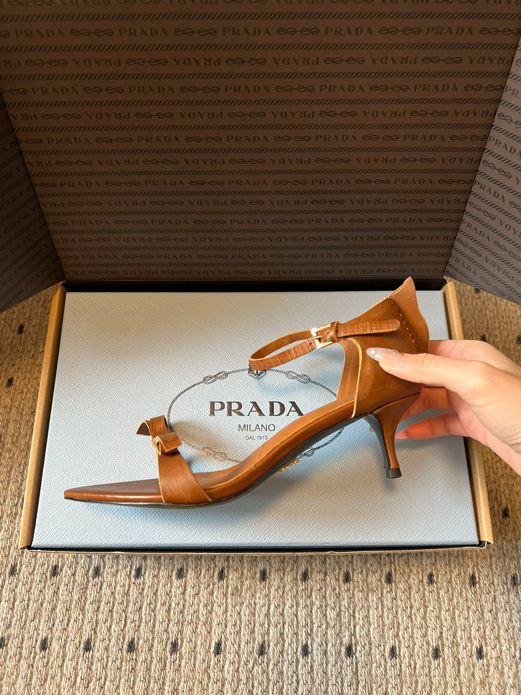 PRADA 26S POINTED-TOE STRAPPY HIGH-HEEL SANDALS 60MM IN CARAMEL BROWN CALFSKIN