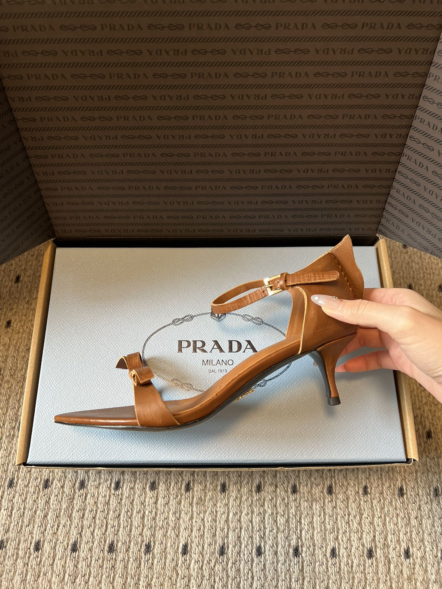 PRADA 26S POINTED-TOE STRAPPY HIGH-HEEL SANDALS 60MM IN CARAMEL BROWN CALFSKIN