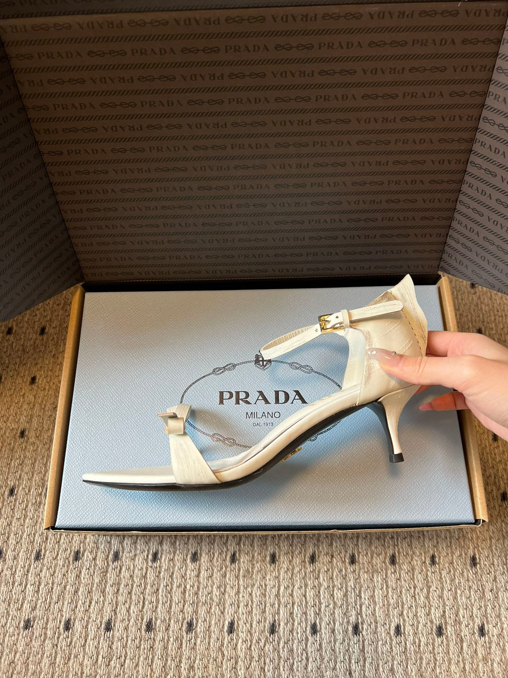 PRADA 26S POINTED-TOE STRAPPY HIGH-HEEL SANDALS 60MM IN CREAM WHITE CALFSKIN