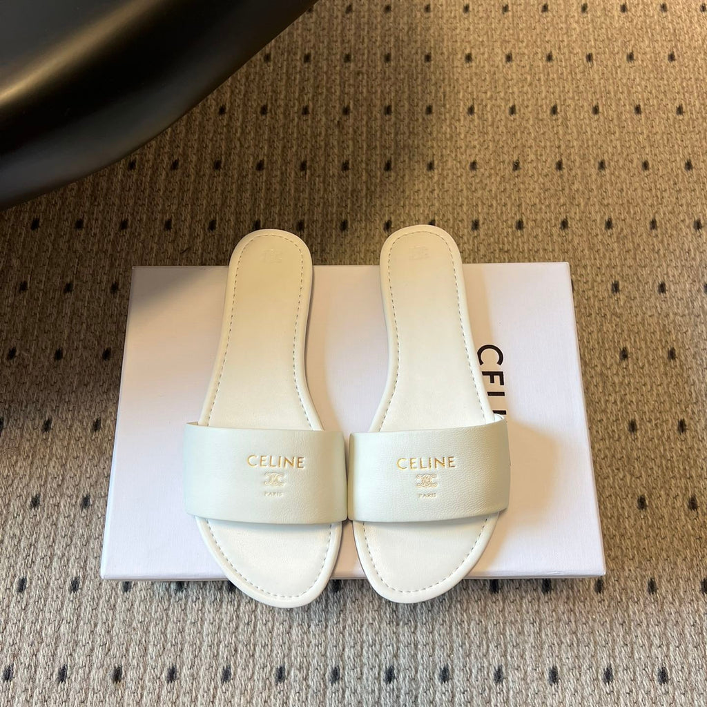 CELINE 26S FLAT SLIDES IN WHITE LAMBSKIN