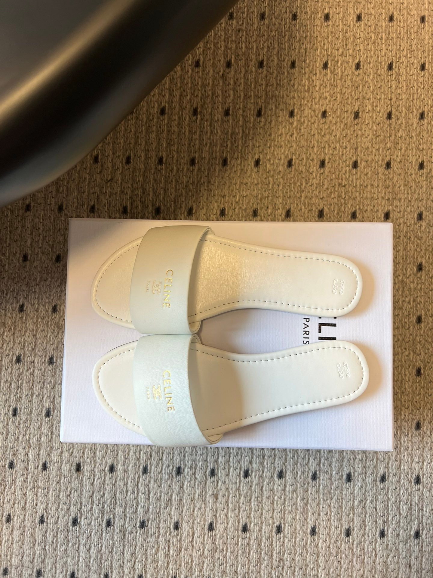 CELINE 26S FLAT SLIDES IN WHITE LAMBSKIN