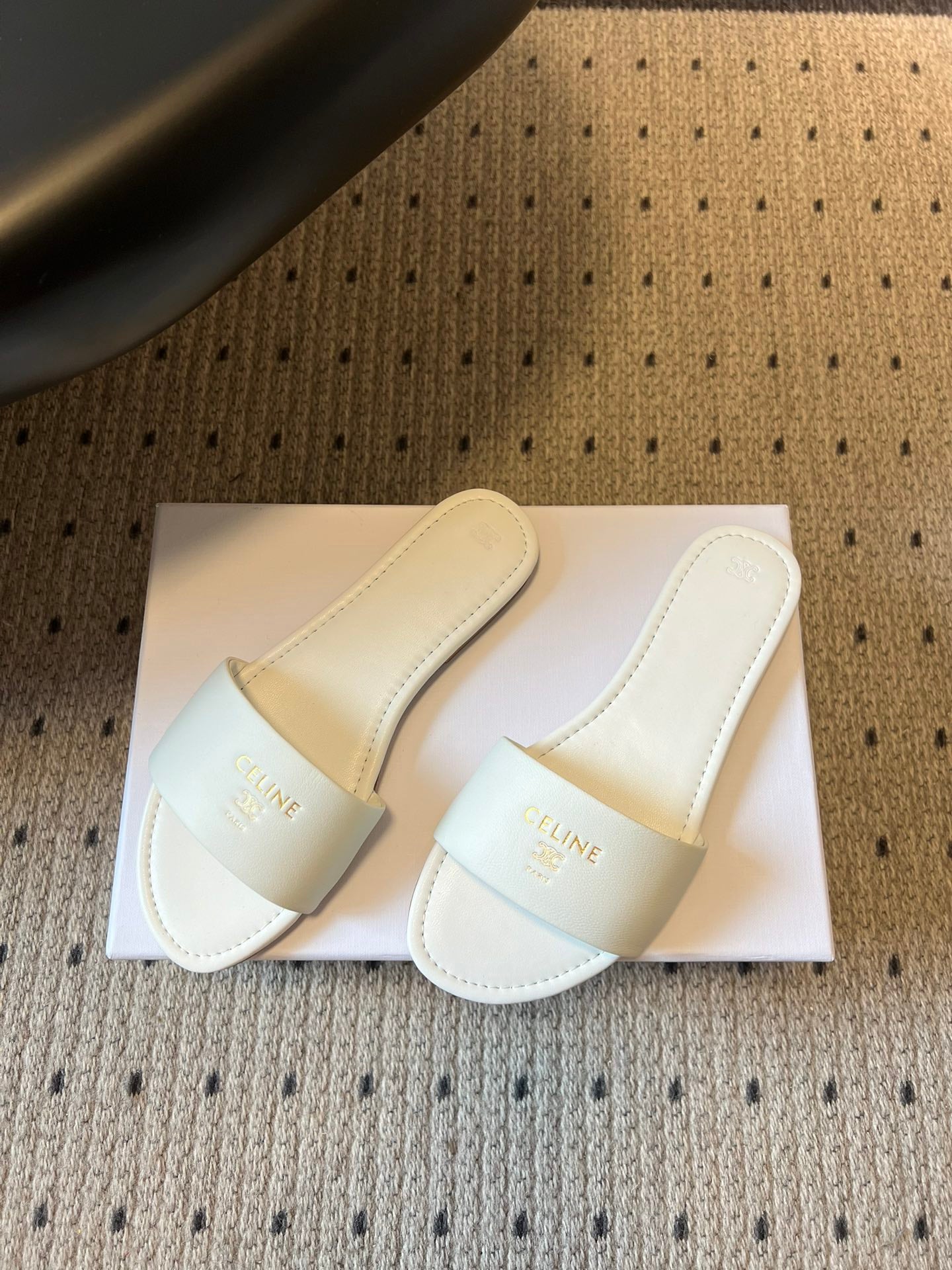 CELINE 26S FLAT SLIDES IN WHITE LAMBSKIN