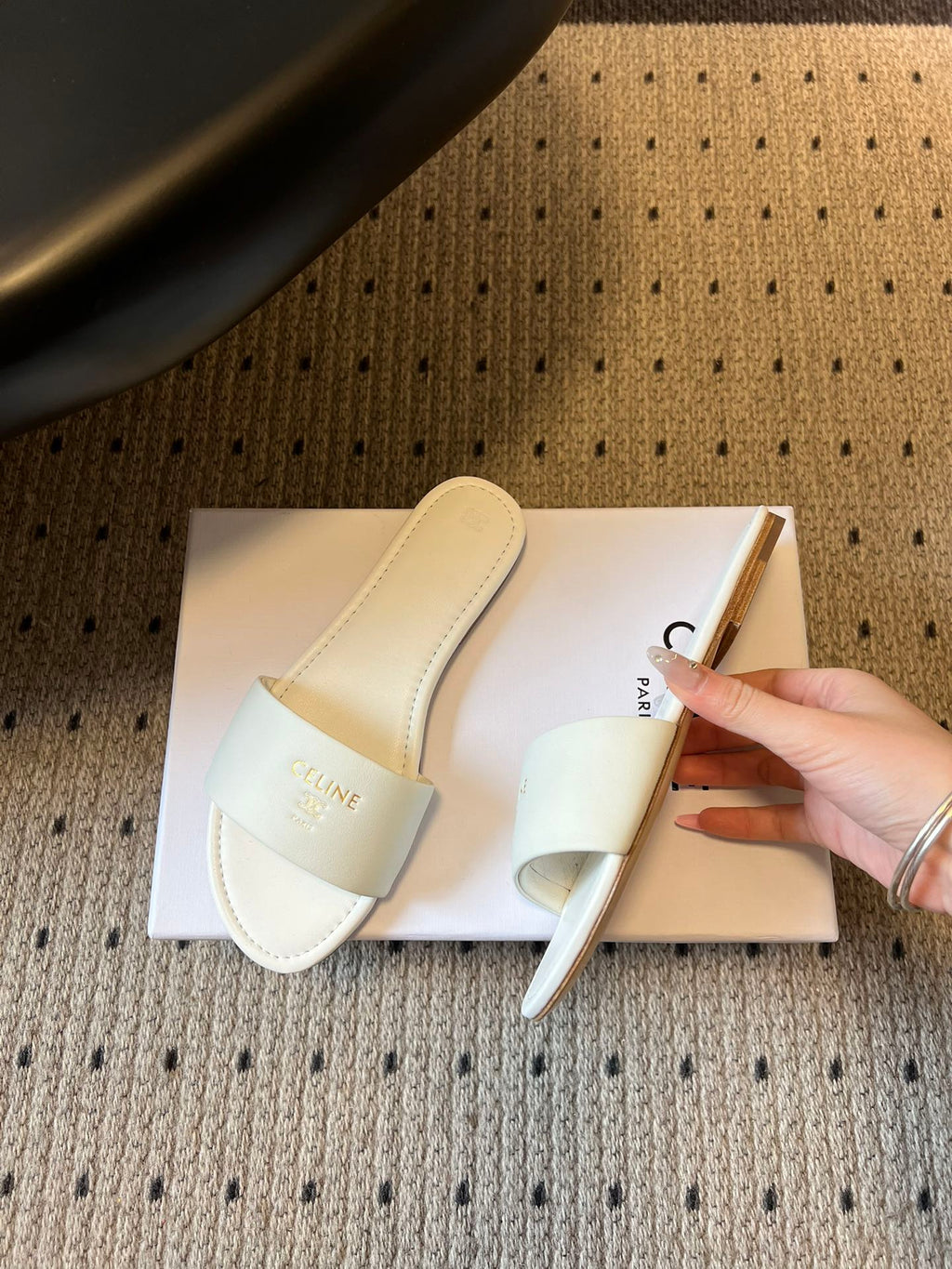 CELINE 26S FLAT SLIDES IN WHITE LAMBSKIN
