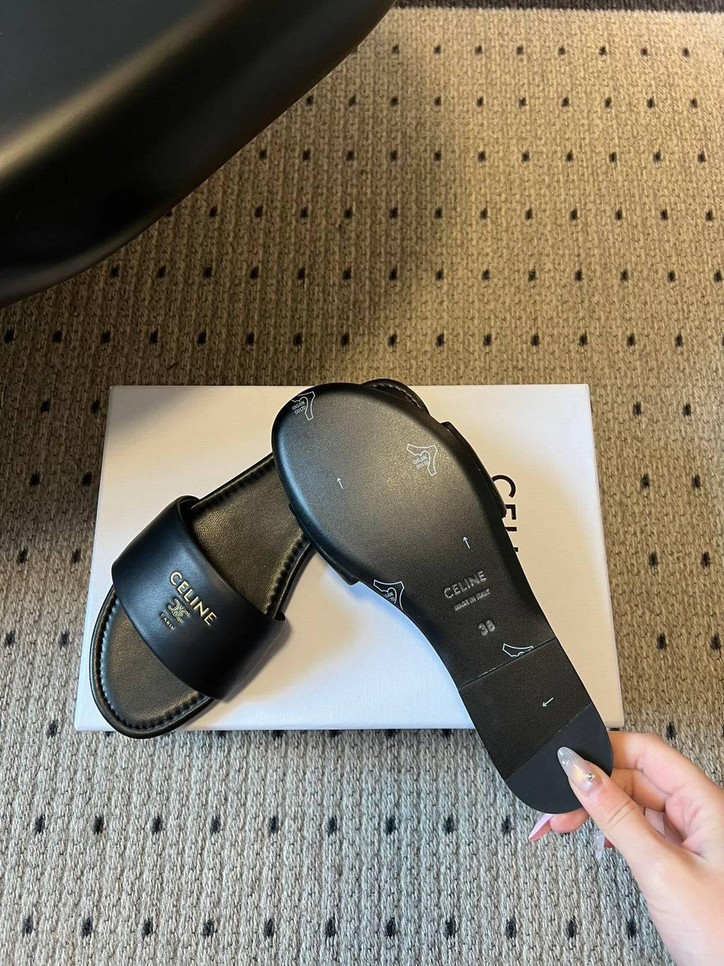CELINE 26S FLAT SLIDES IN BLACK LAMBSKIN