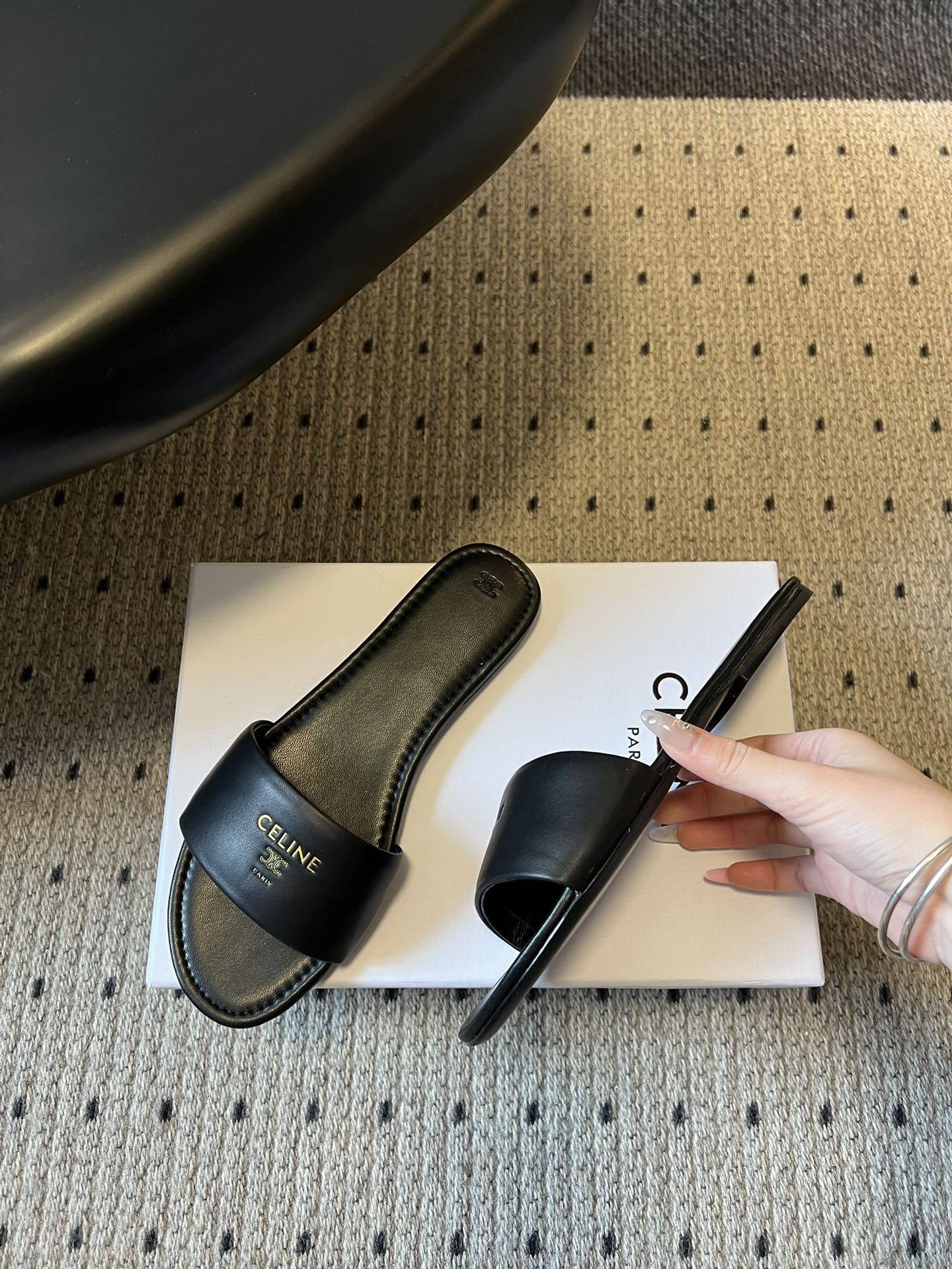 CELINE 26S FLAT SLIDES IN BLACK LAMBSKIN