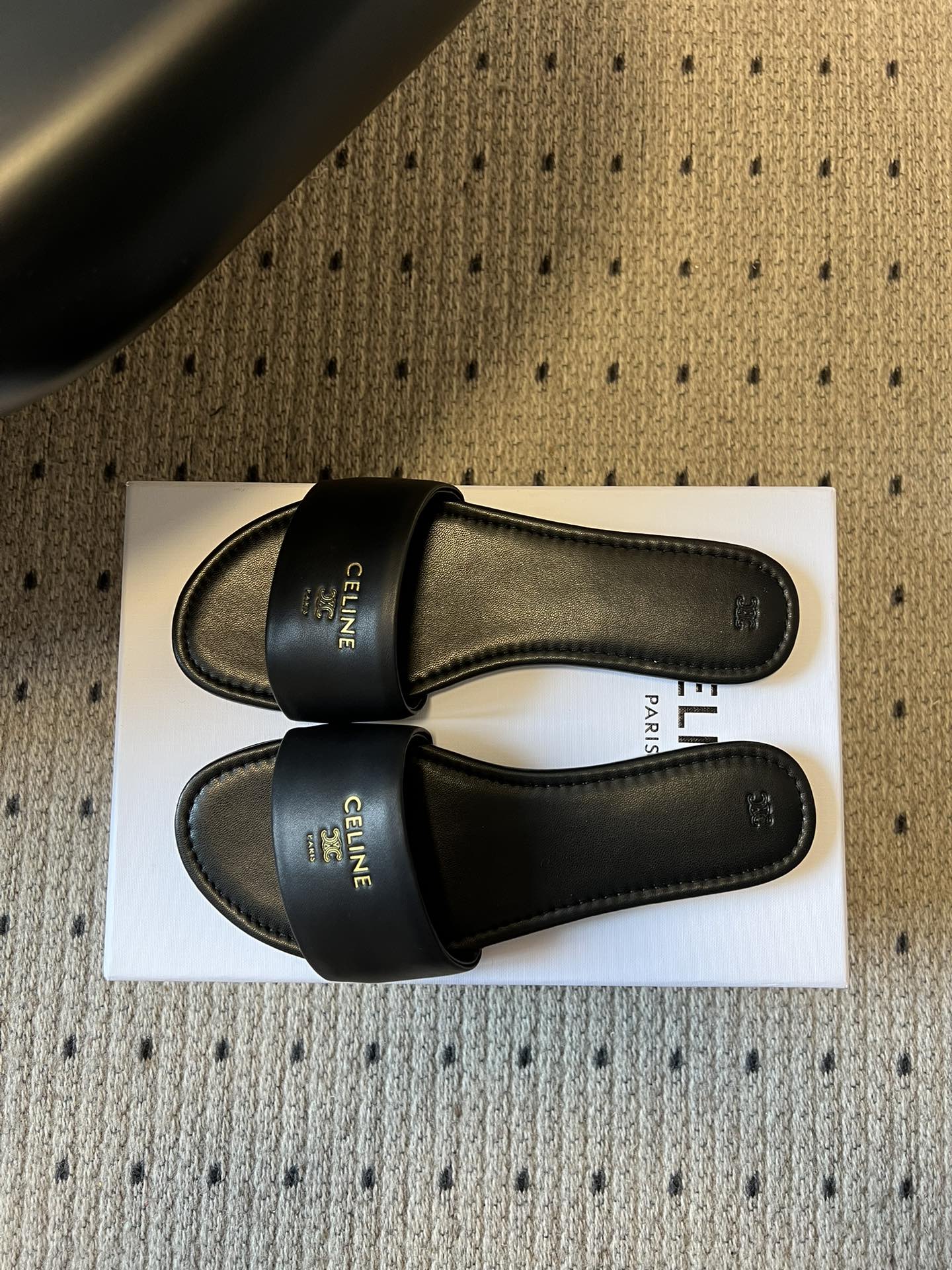 CELINE 26S FLAT SLIDES IN BLACK LAMBSKIN