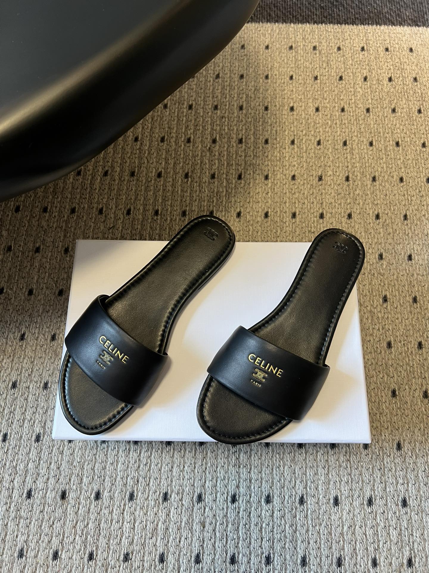 CELINE 26S FLAT SLIDES IN BLACK LAMBSKIN