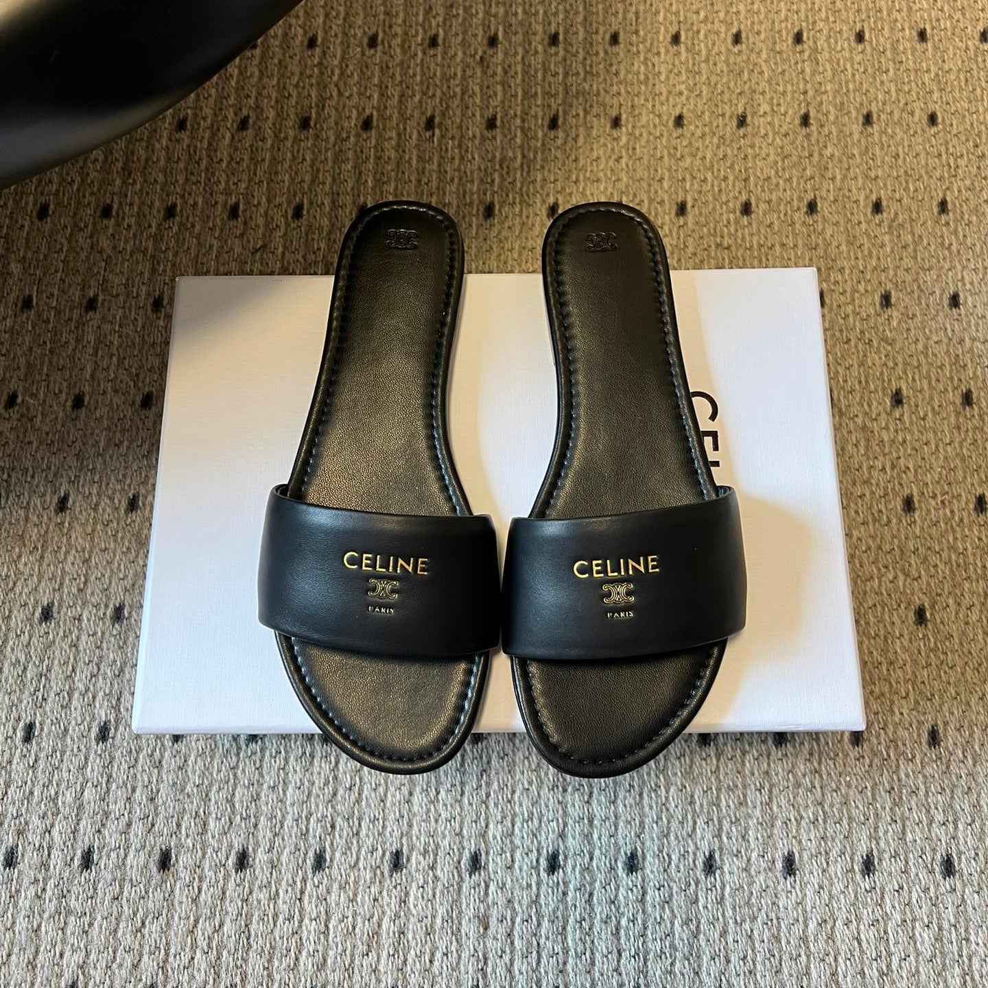 CELINE 26S FLAT SLIDES IN BLACK LAMBSKIN