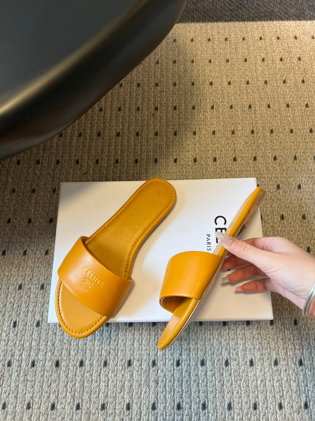 CELINE 26S FLAT SLIDES IN HONEY YELLOW LAMBSKIN