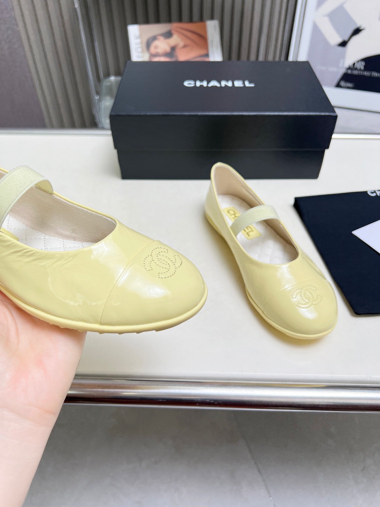 CHANEL 26S MARY JANE FLATS IN LIGHT YELLOW CALFSKIN