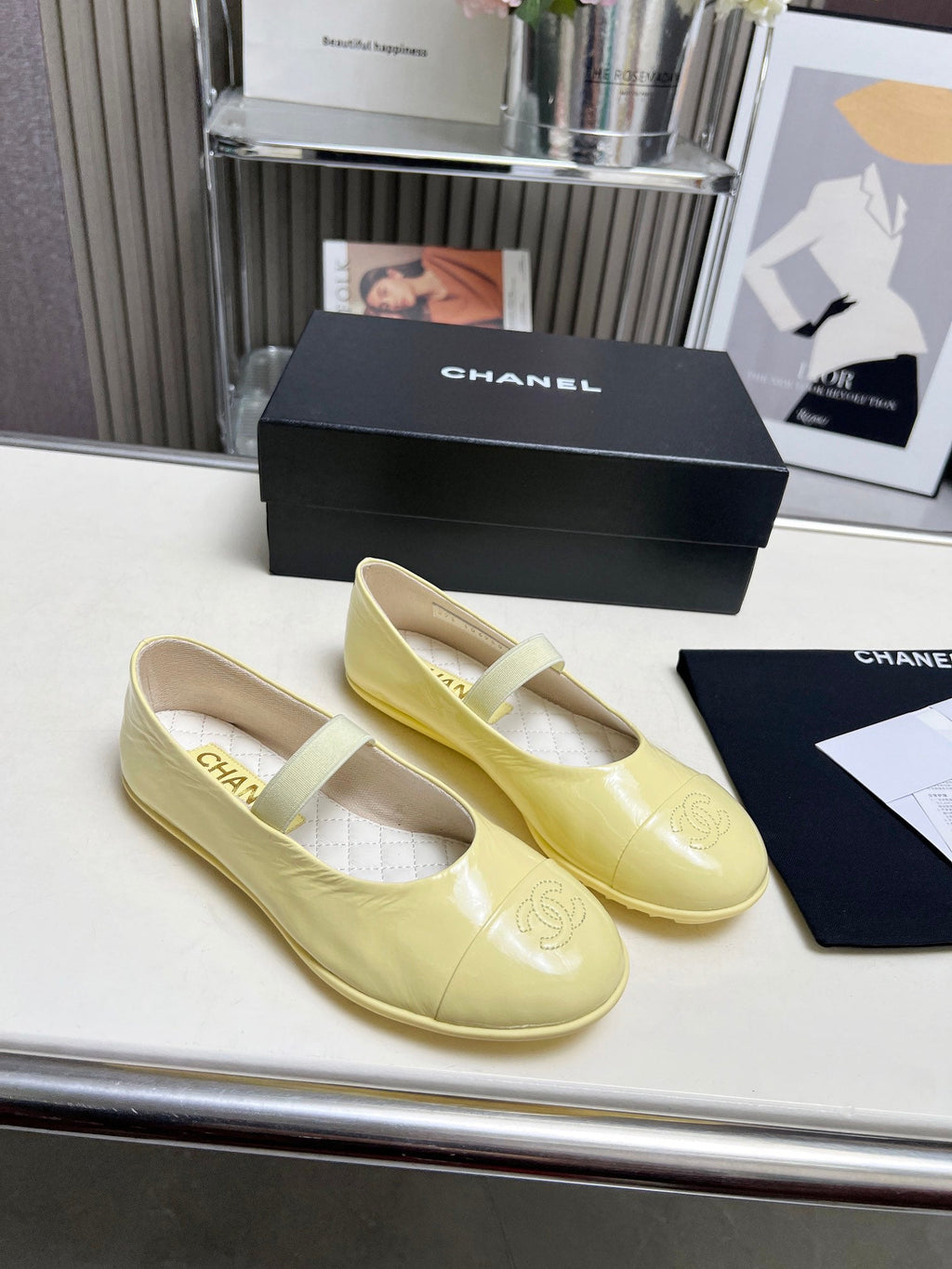 CHANEL 26S MARY JANE FLATS IN LIGHT YELLOW CALFSKIN