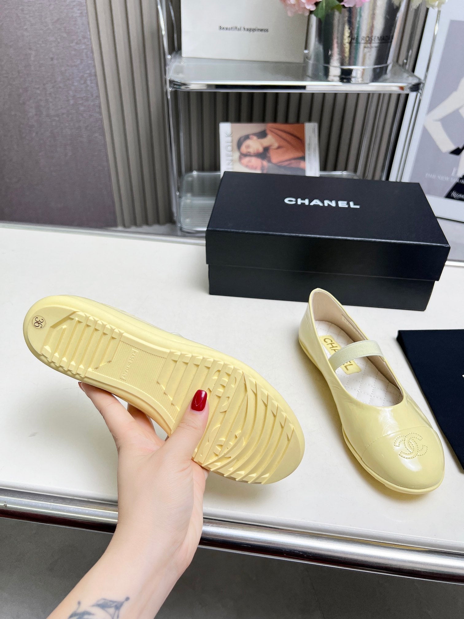 CHANEL 26S MARY JANE FLATS IN LIGHT YELLOW CALFSKIN