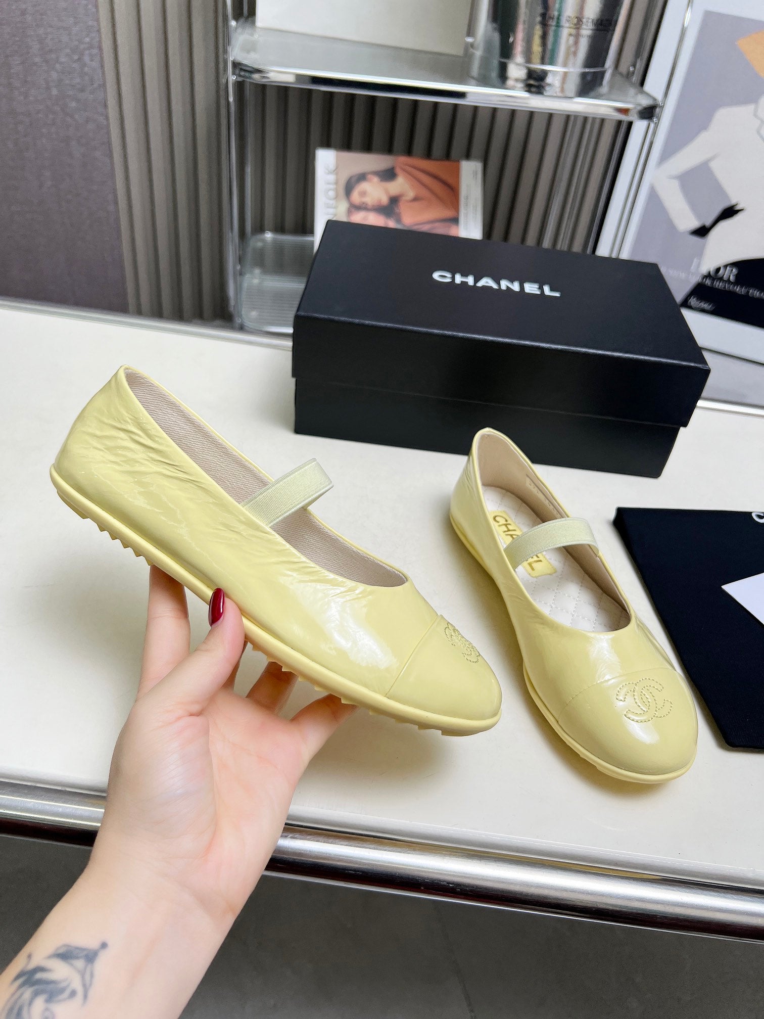 CHANEL 26S MARY JANE FLATS IN LIGHT YELLOW CALFSKIN