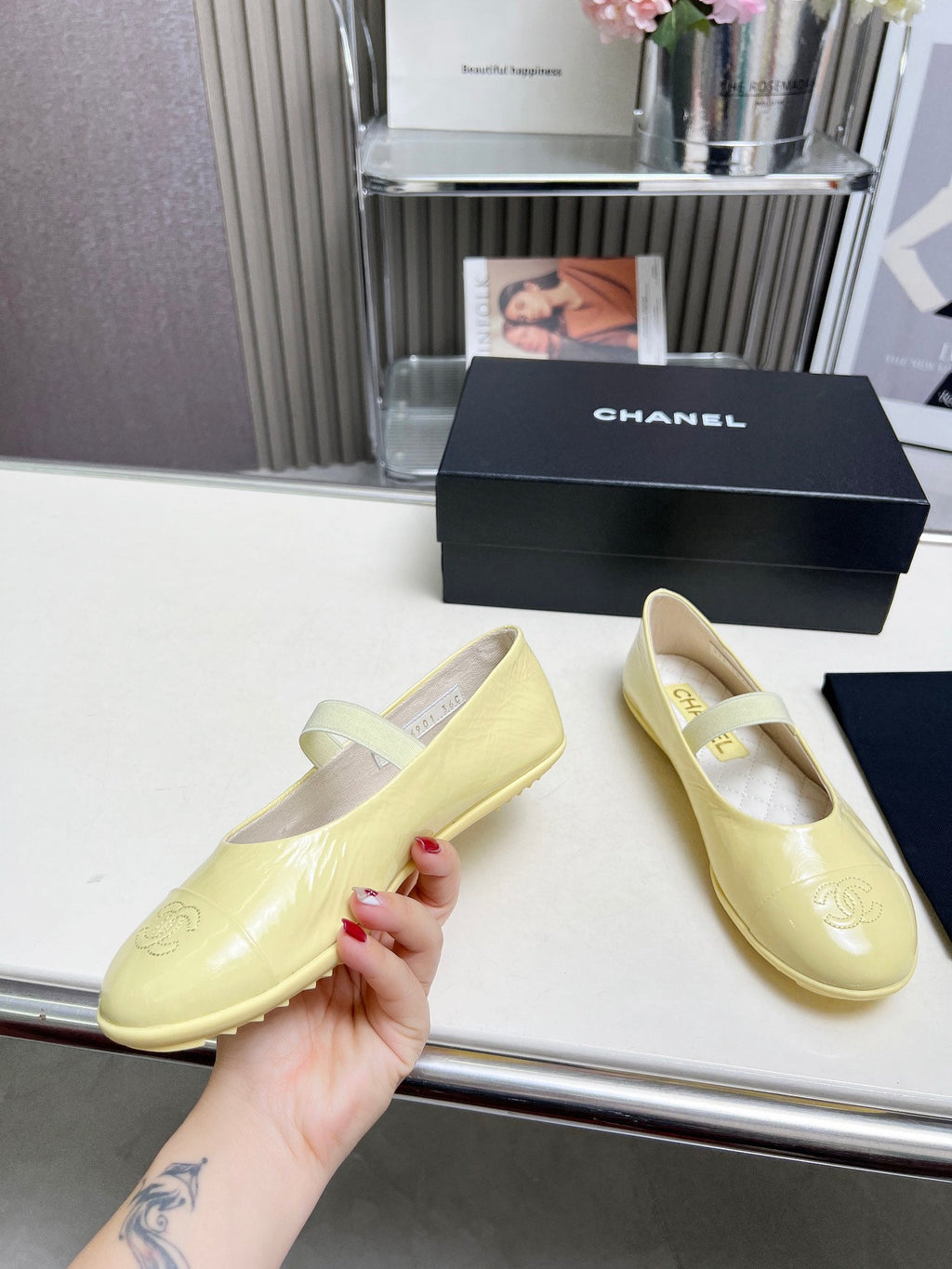 CHANEL 26S MARY JANE FLATS IN LIGHT YELLOW CALFSKIN