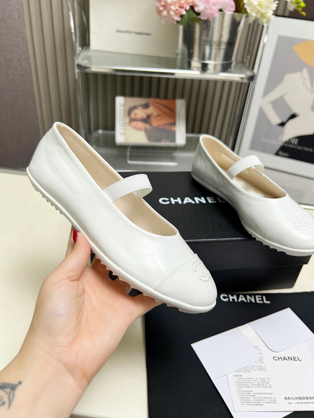 CHANEL 26S MARY JANE FLATS IN WHITE CALFSKIN