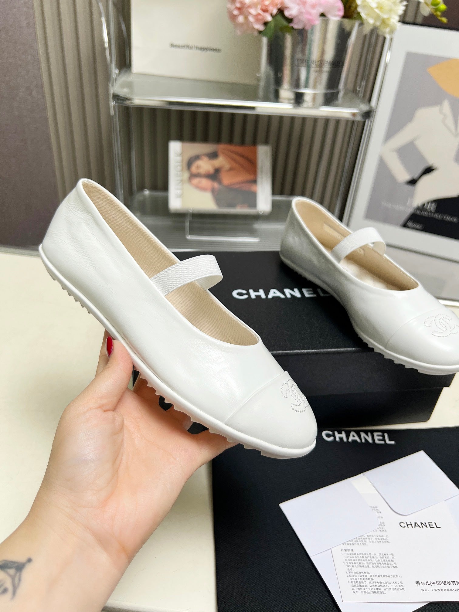 CHANEL 26S MARY JANE FLATS IN WHITE CALFSKIN