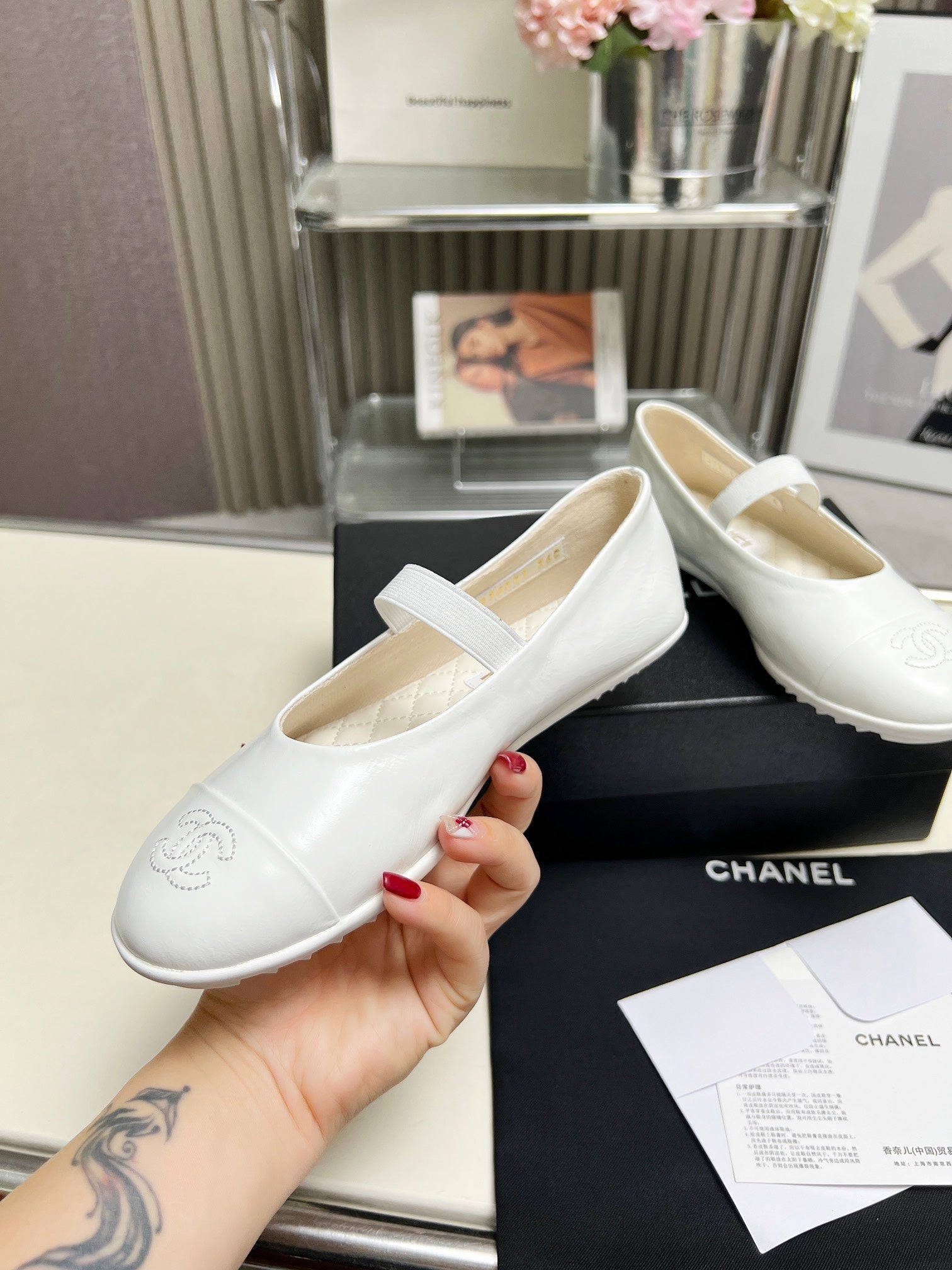 CHANEL 26S MARY JANE FLATS IN WHITE CALFSKIN