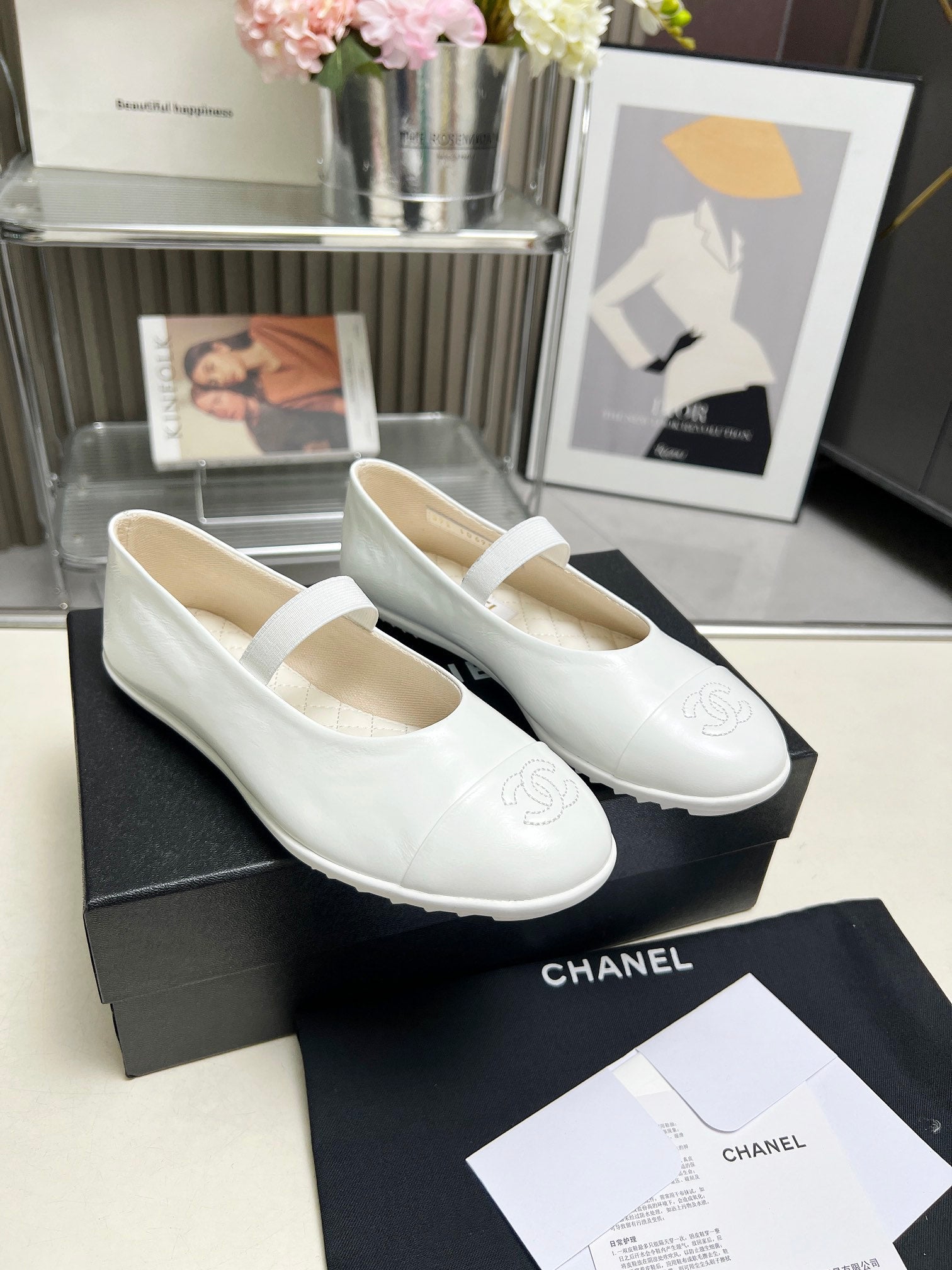 CHANEL 26S MARY JANE FLATS IN WHITE CALFSKIN