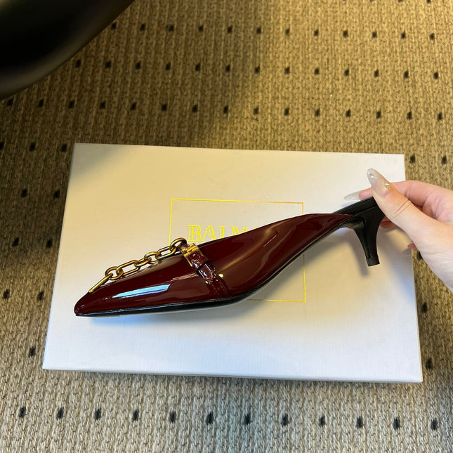 BALMAIN 26S GOLD CHAIN HIGH HEEL MULES 45 MM IN DARK RED PATENT CALFSKIN
