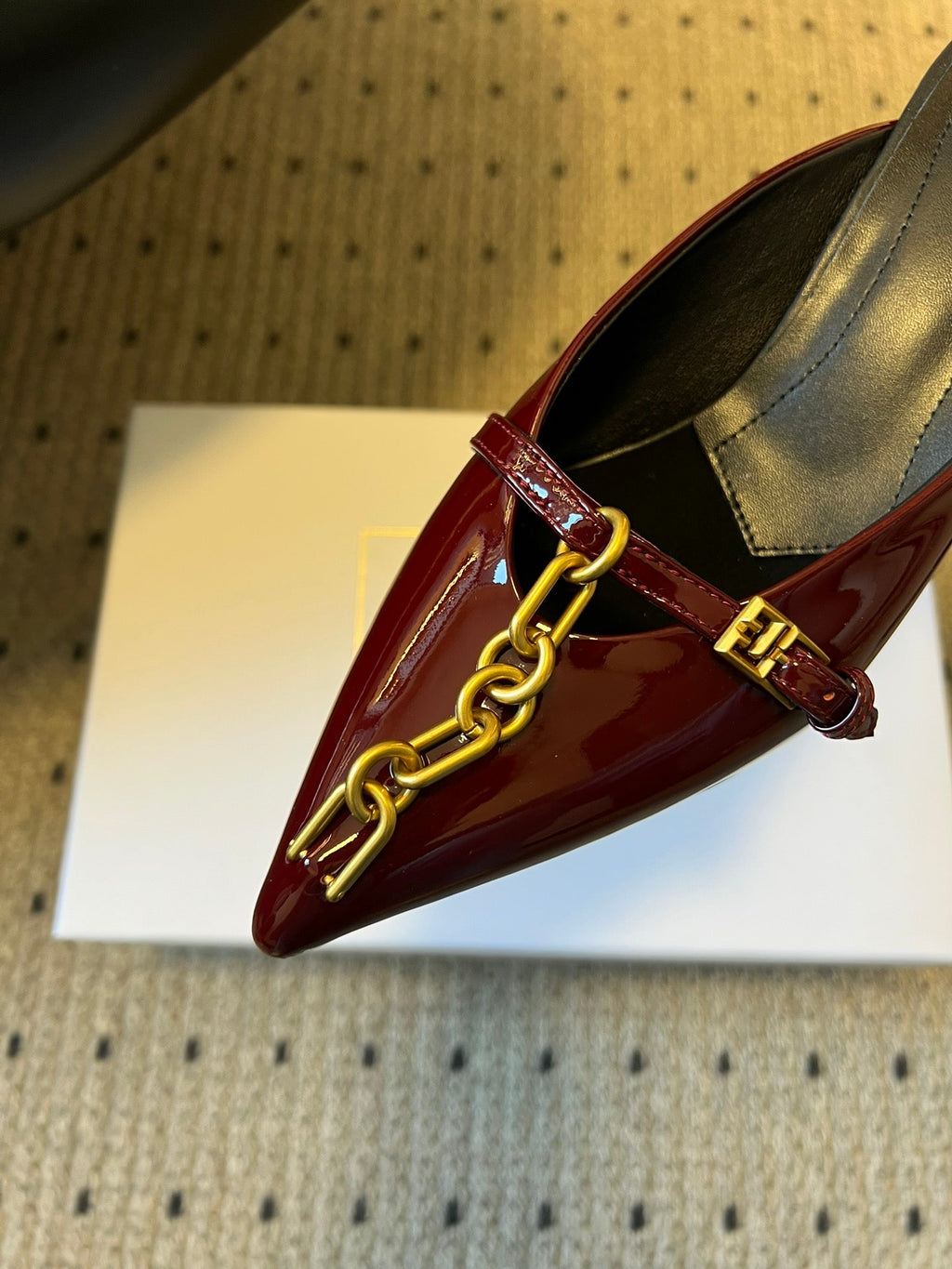 BALMAIN 26S GOLD CHAIN HIGH HEEL MULES 45 MM IN DARK RED PATENT CALFSKIN
