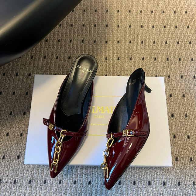 BALMAIN 26S GOLD CHAIN HIGH HEEL MULES 45 MM IN DARK RED PATENT CALFSKIN