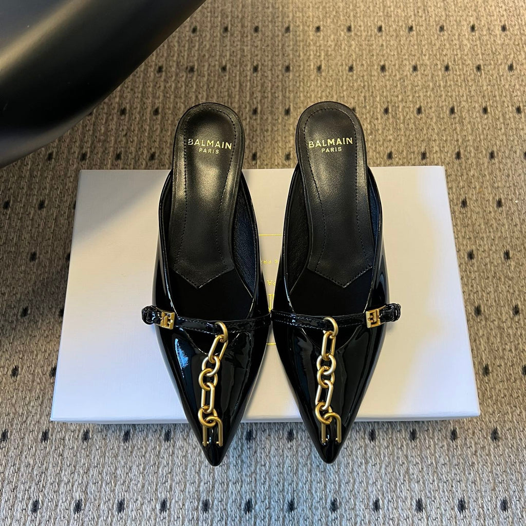 BALMAIN 26S GOLD CHAIN HIGH HEEL MULES 45 MM IN BLACK PATENT CALFSKIN