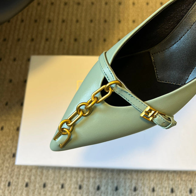 BALMAIN 26S GOLD CHAIN HIGH HEEL MULES 45 MM IN MINT GREEN CALFSKIN