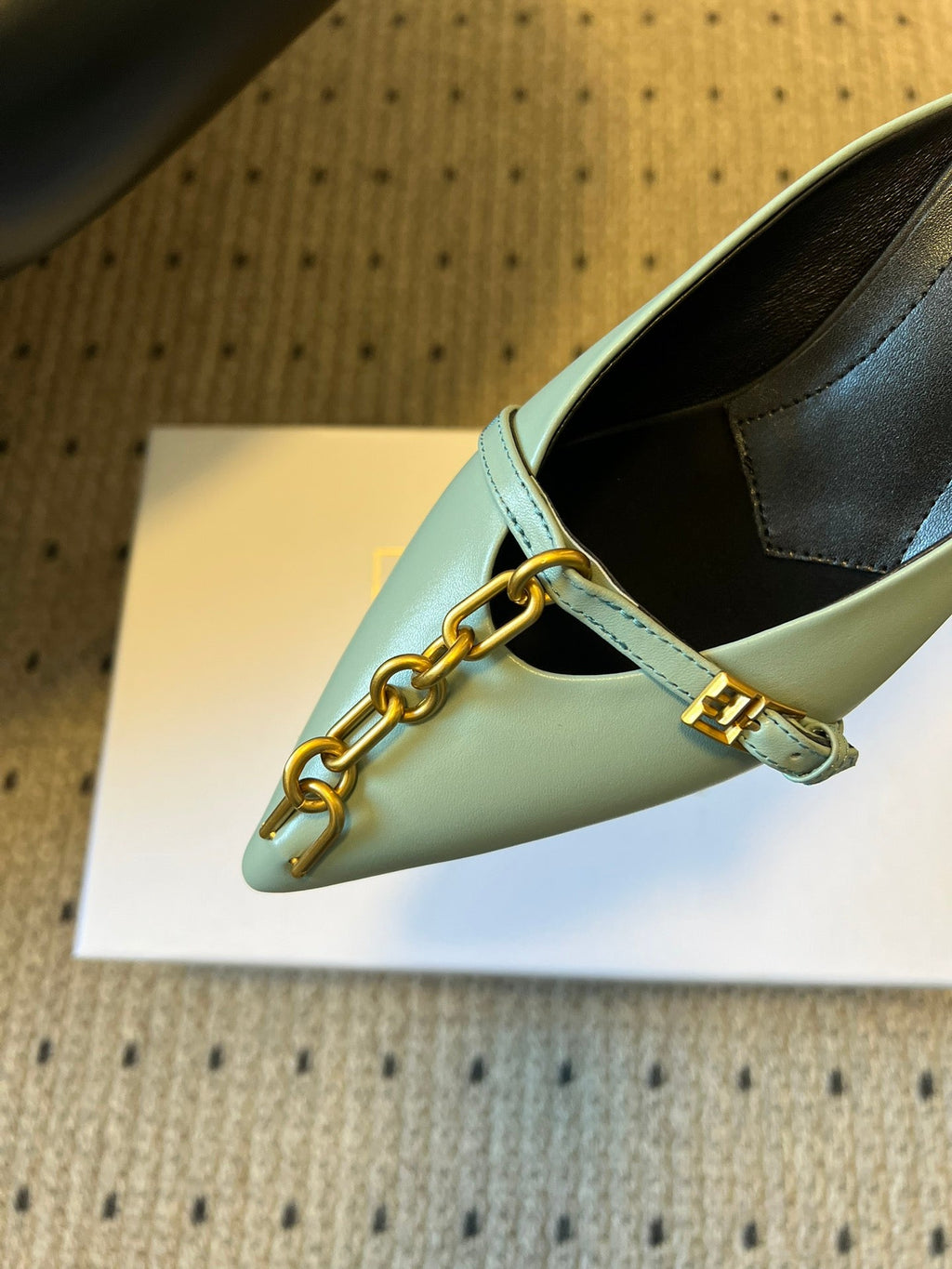 BALMAIN 26S GOLD CHAIN HIGH HEEL MULES 45 MM IN MINT GREEN CALFSKIN