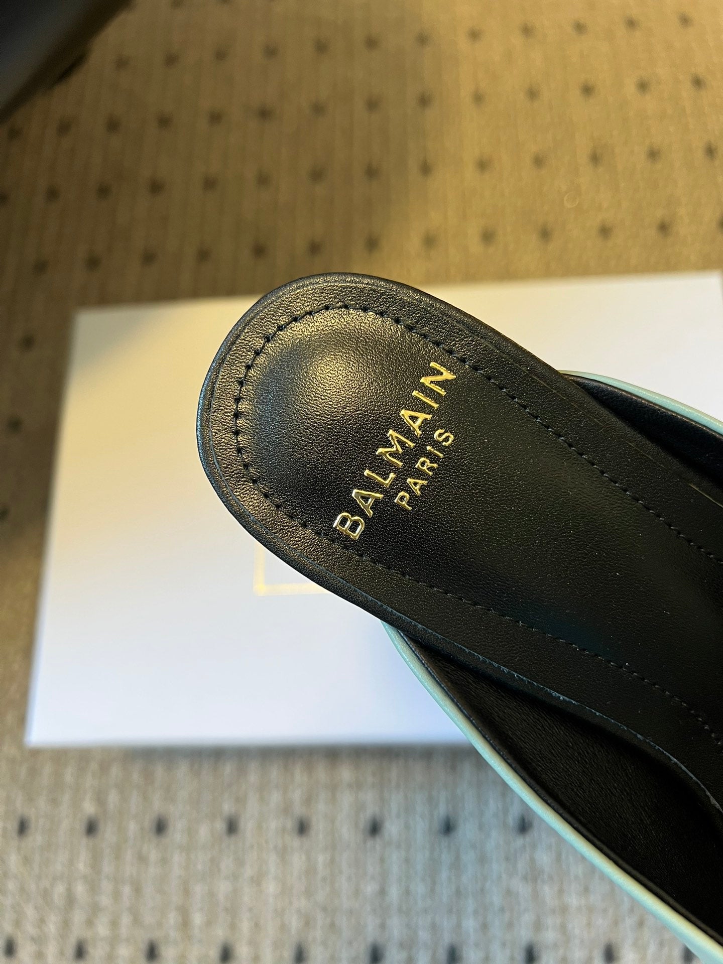 BALMAIN 26S GOLD CHAIN HIGH HEEL MULES 45 MM IN MINT GREEN CALFSKIN