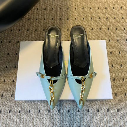 BALMAIN 26S GOLD CHAIN HIGH HEEL MULES 45 MM IN MINT GREEN CALFSKIN