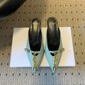 BALMAIN 26S GOLD CHAIN HIGH HEEL MULES 45 MM IN MINT GREEN CALFSKIN