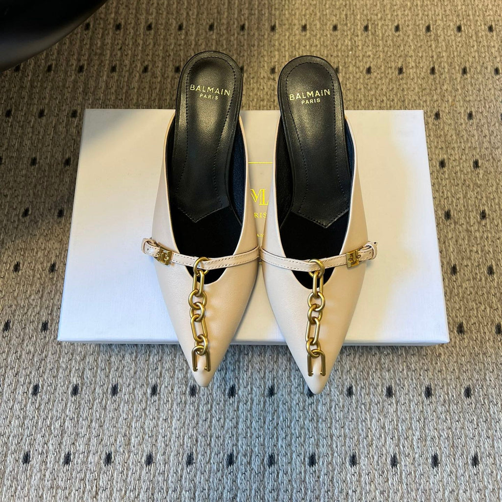 BALMAIN 26S GOLD CHAIN HIGH HEEL MULES 45 MM IN BEIGE CALFSKIN